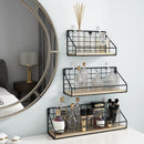 Wall-hanging shelves next to the mirror