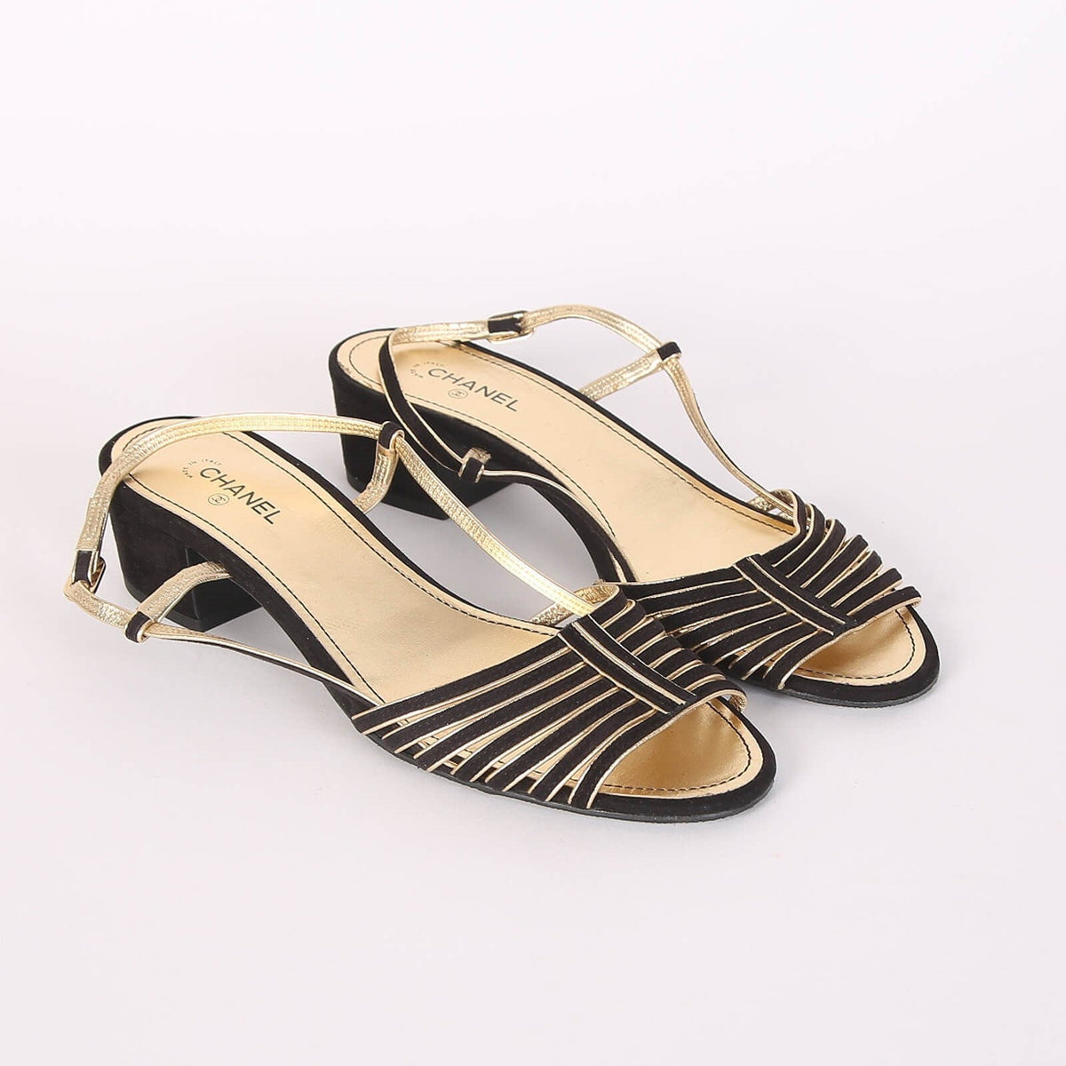 CC  Strappy Low Heel Sandals 35mm Black Gold Metallic Suede
