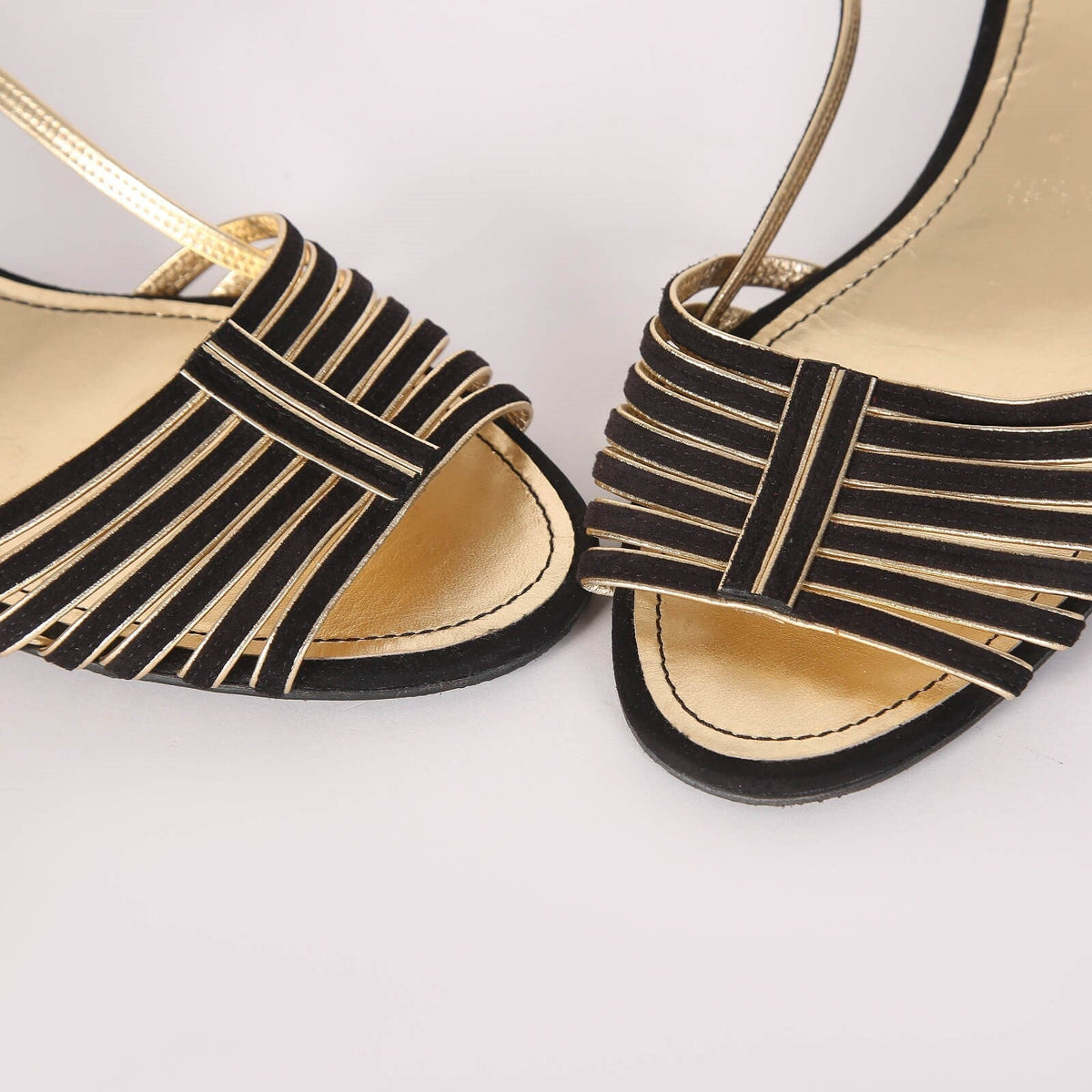 CC  Strappy Low Heel Sandals 35mm Black Gold Metallic Suede