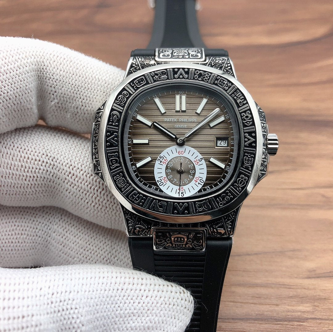 PATEK NAUTILUS SECONDTIME WHITE GOLD HAND ENGRAVED