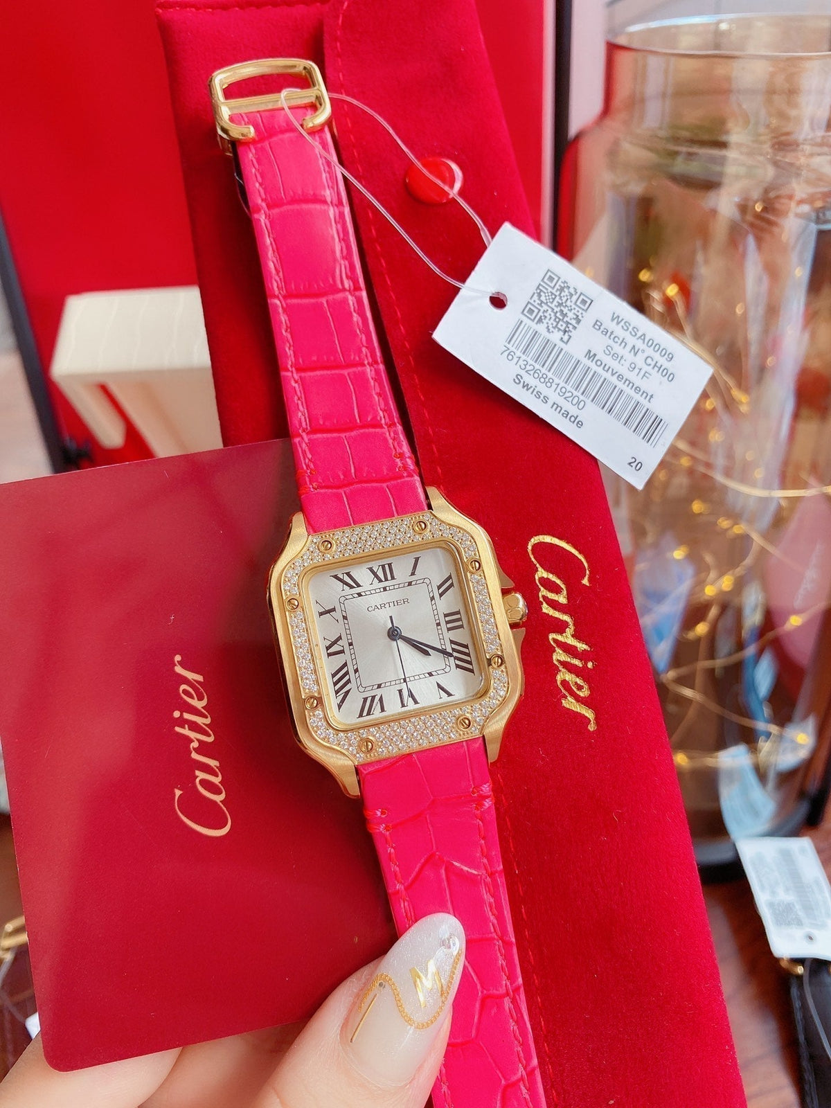 SANTOS LADY 35MM QUARTZ 35MM GOLD CASE DIAMOND BEZEL LEATHER
