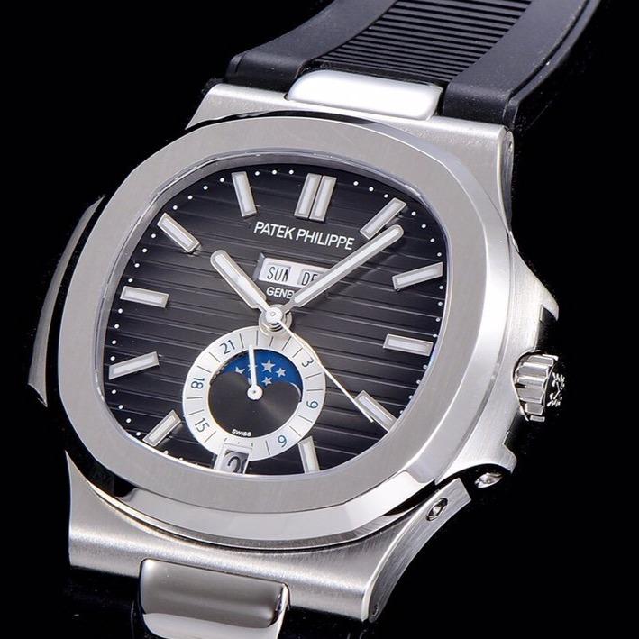 PATEK NAUTILUS MOONPHASE ANNUAL CALENDAR BLACK DIAL RUBBER