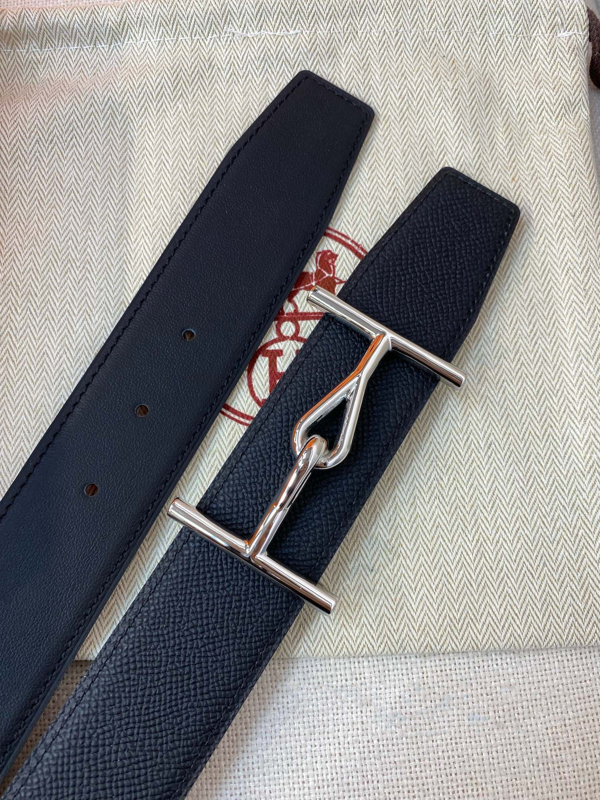 H JUMBO BELT 38MM SILVER BUCKLE DARK BLUE BLACK LEATHER