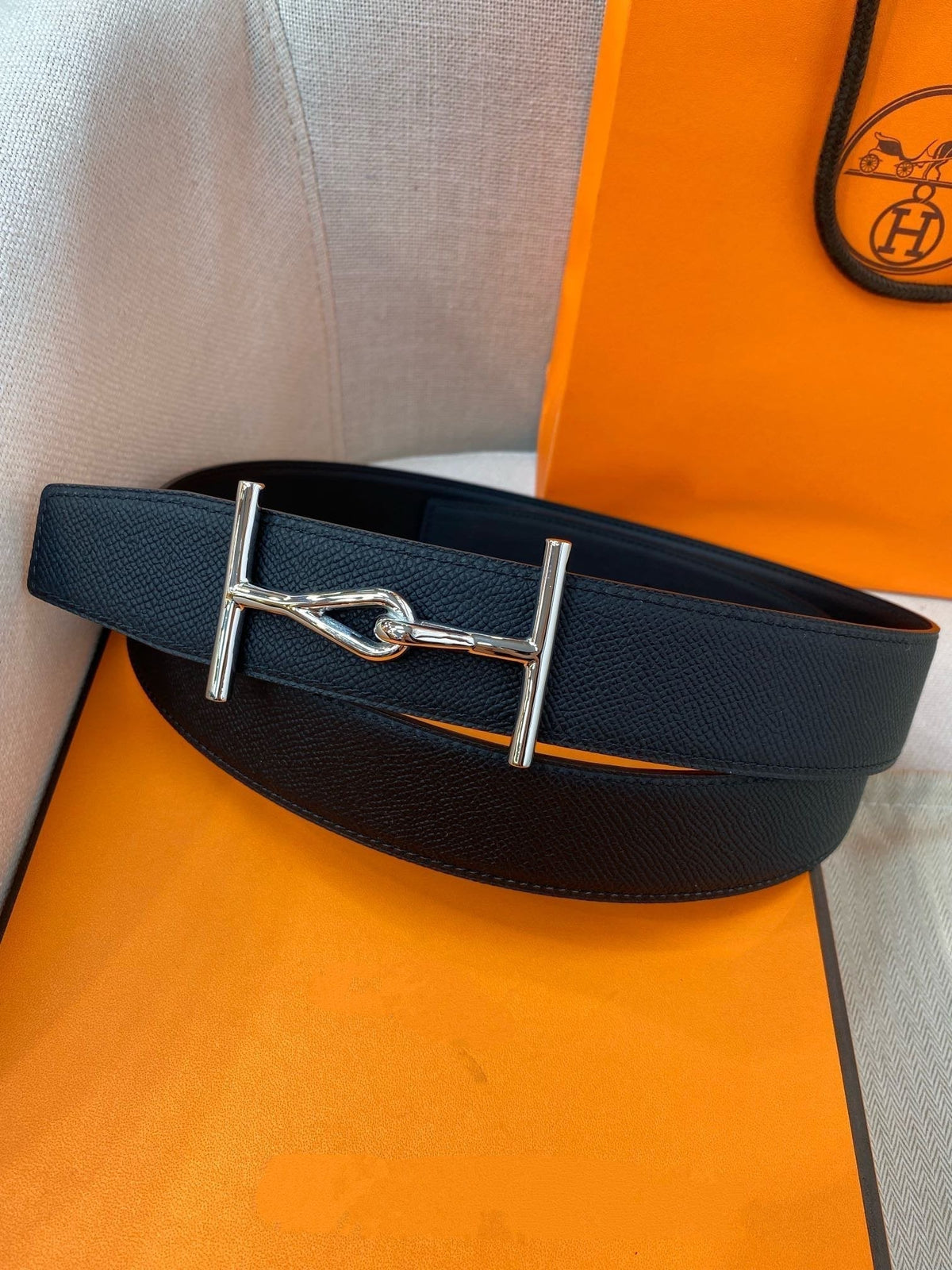 H JUMBO BELT 38MM SILVER BUCKLE DARK BLUE BLACK LEATHER