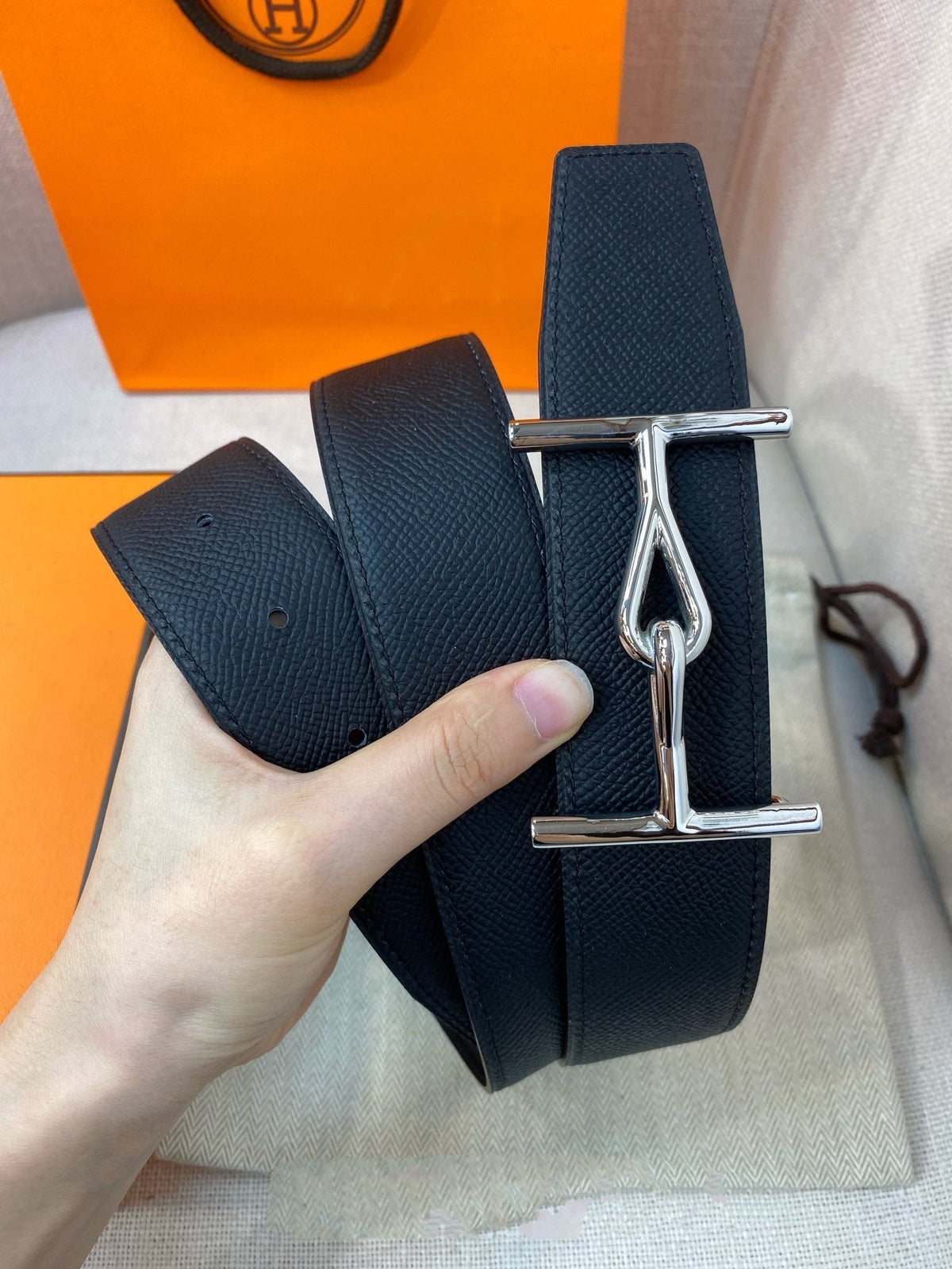 H JUMBO BELT 38MM SILVER BUCKLE DARK BLUE BLACK LEATHER
