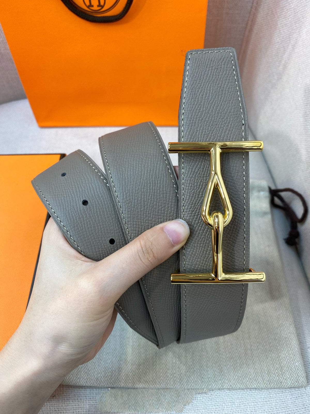 H JUMBO BELT 40MM GOLD BUCKLE DARK BLUE GREY LEATHER