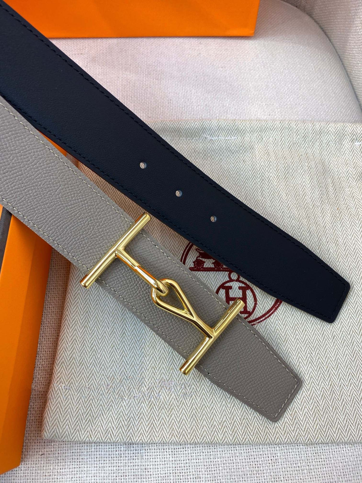 H JUMBO BELT 40MM GOLD BUCKLE DARK BLUE GREY LEATHER