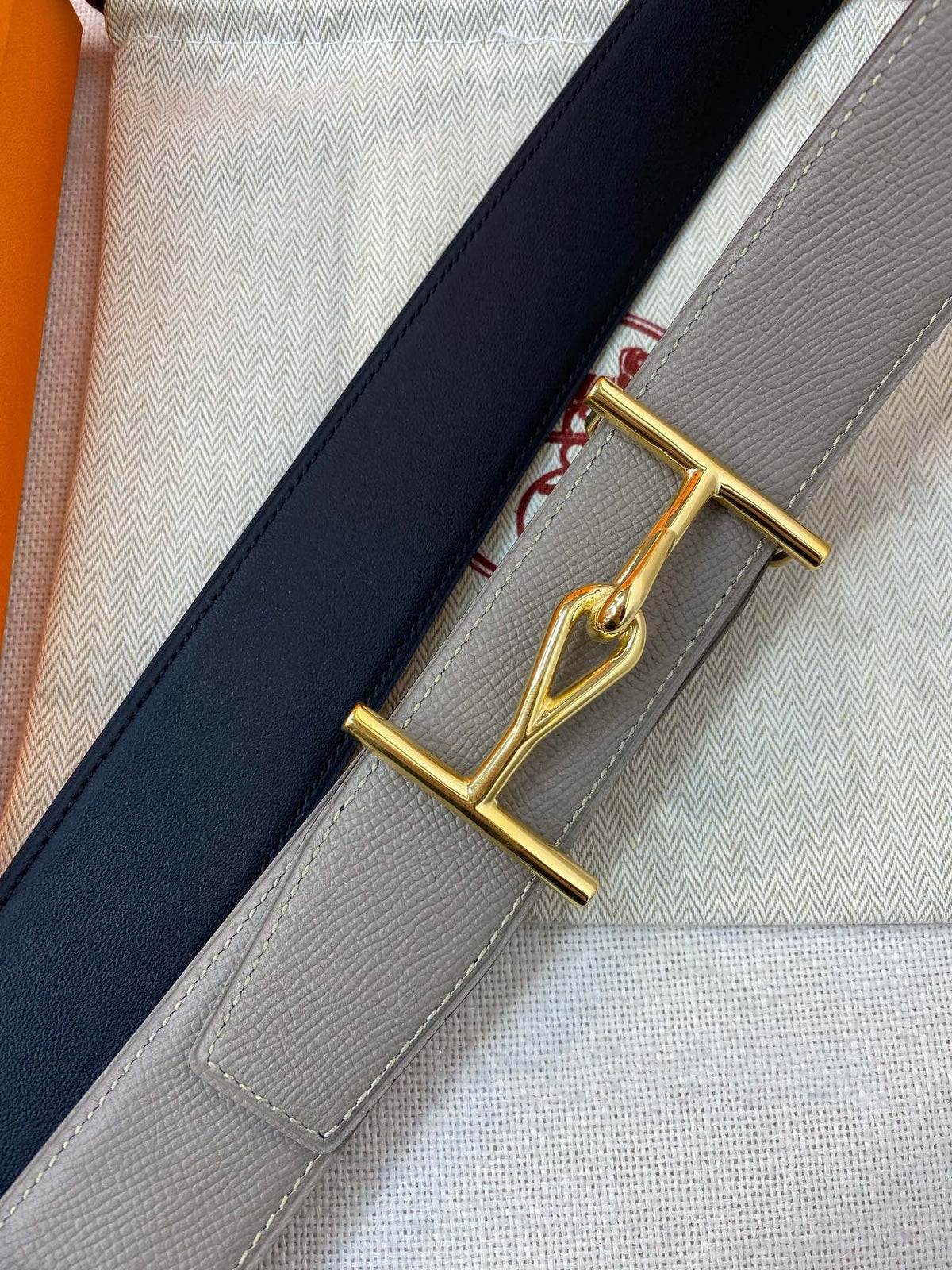 H JUMBO BELT 40MM GOLD BUCKLE DARK BLUE GREY LEATHER
