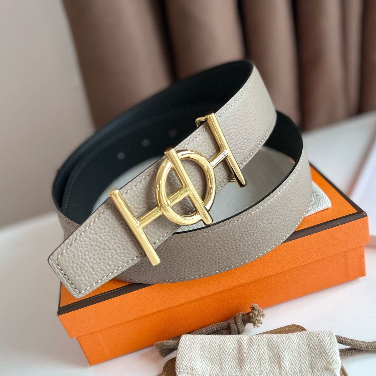 H ULYSSE BELT 38MM GOLD BUCKLE BLACK ETOUPE LEATHER