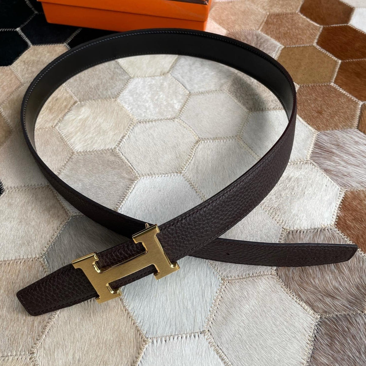 H CONTANCE BELT 32MM GOLD BUCKLE BLACK DARK BROWN LEATHER