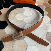 H CONTANCE BELT 32MM SILVER BUCKLE BLACK DARK BROWN LEATHER