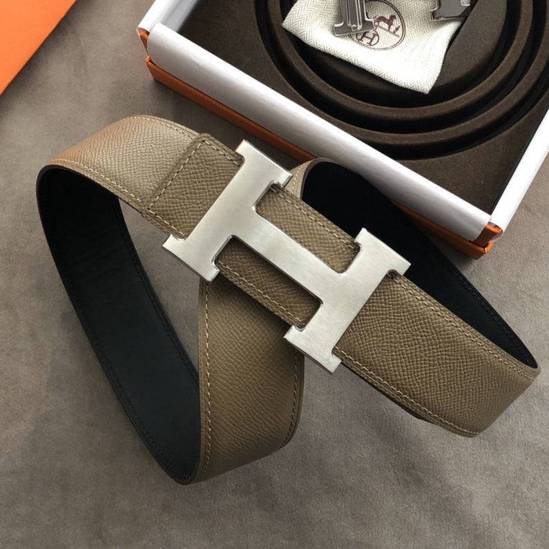 H CONTANCE BELT 38MM SILVER BUCKLE GREY LEATHER