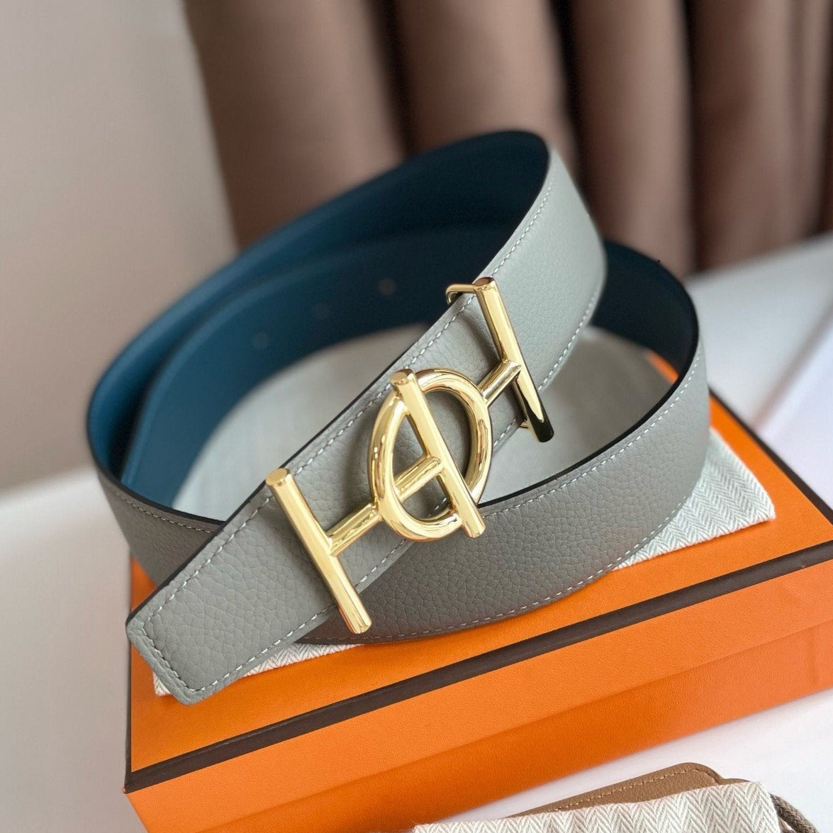 H ULYSSE BELT 38MM GOLD BUCKLE BLUE GREY LEATHER