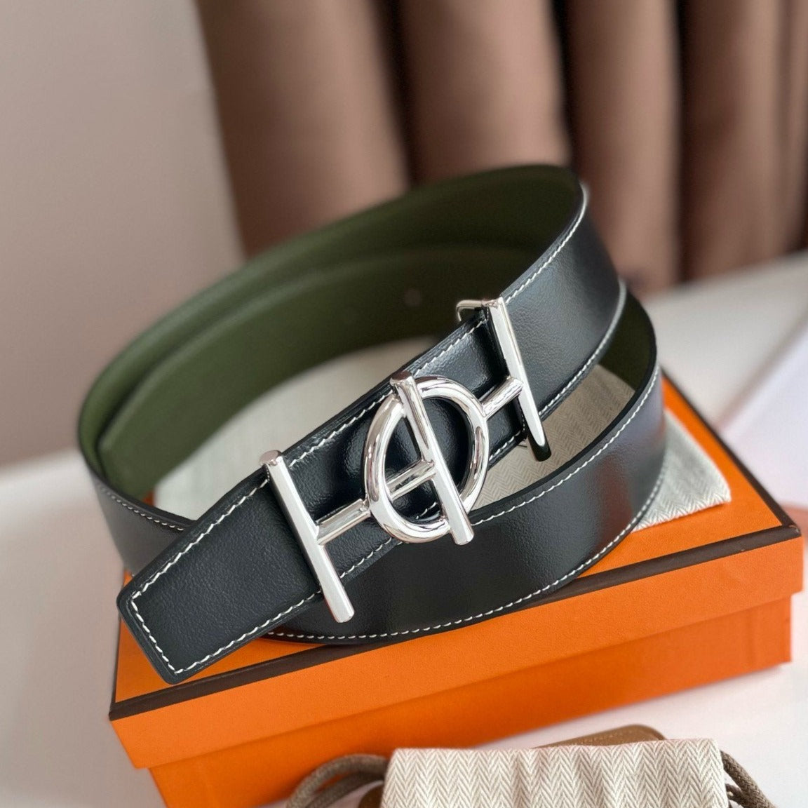 H ULYSSE BELT 38MM SILVER BUCKLE BLACK GREEN LEATHER
