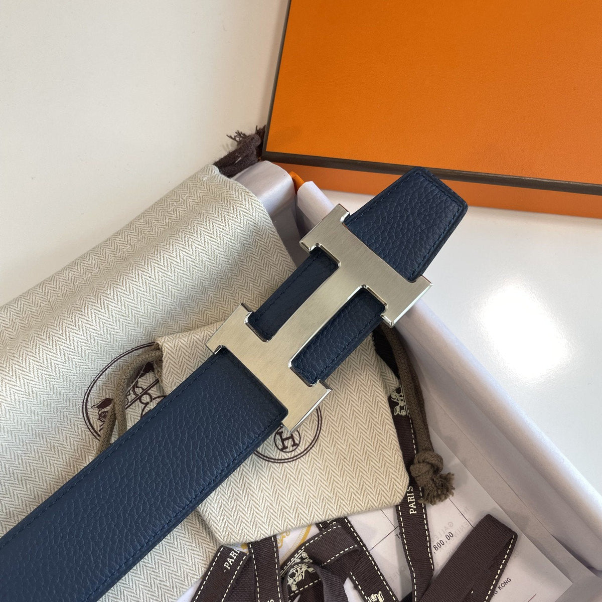 H CONTANCE BELT 38MM SILVER BUCKLE BLACK BLUE LEATHER