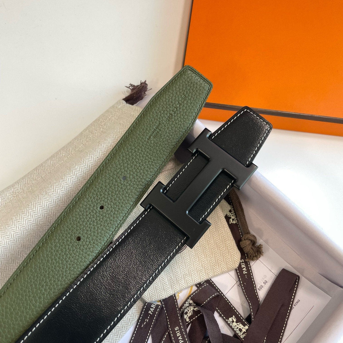H CONTANCE BELT 38MM BLACK BUCKLE GREEN BLACK LEATHER