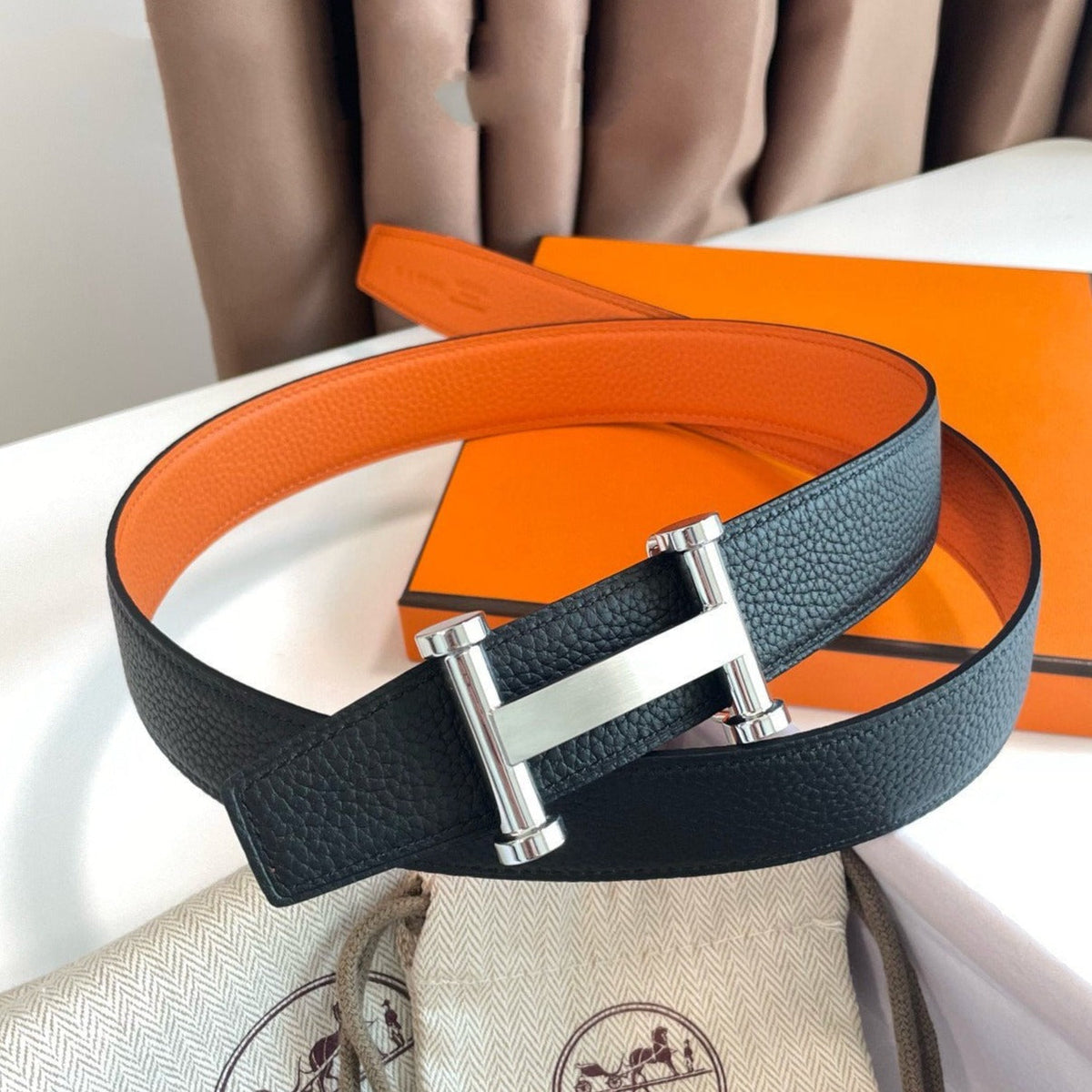 H AGORA BELT 32MM BLACK ORANGE LEATHER