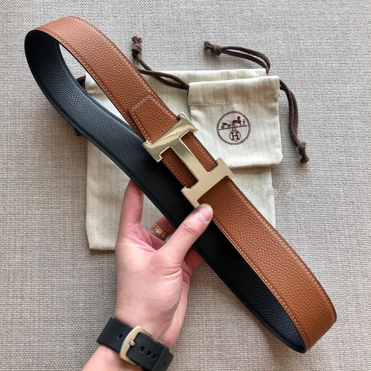 H CONTANCE BELT 38MM GOLD BUCKLE BROWN BLACK LEATHER
