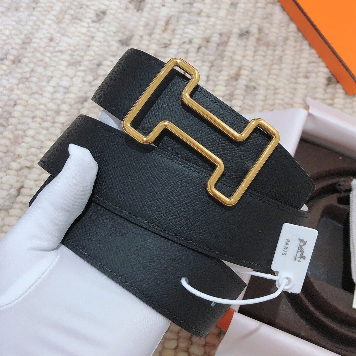 H TONIGHT BELT 38MM BLACK WHITE LEATHER