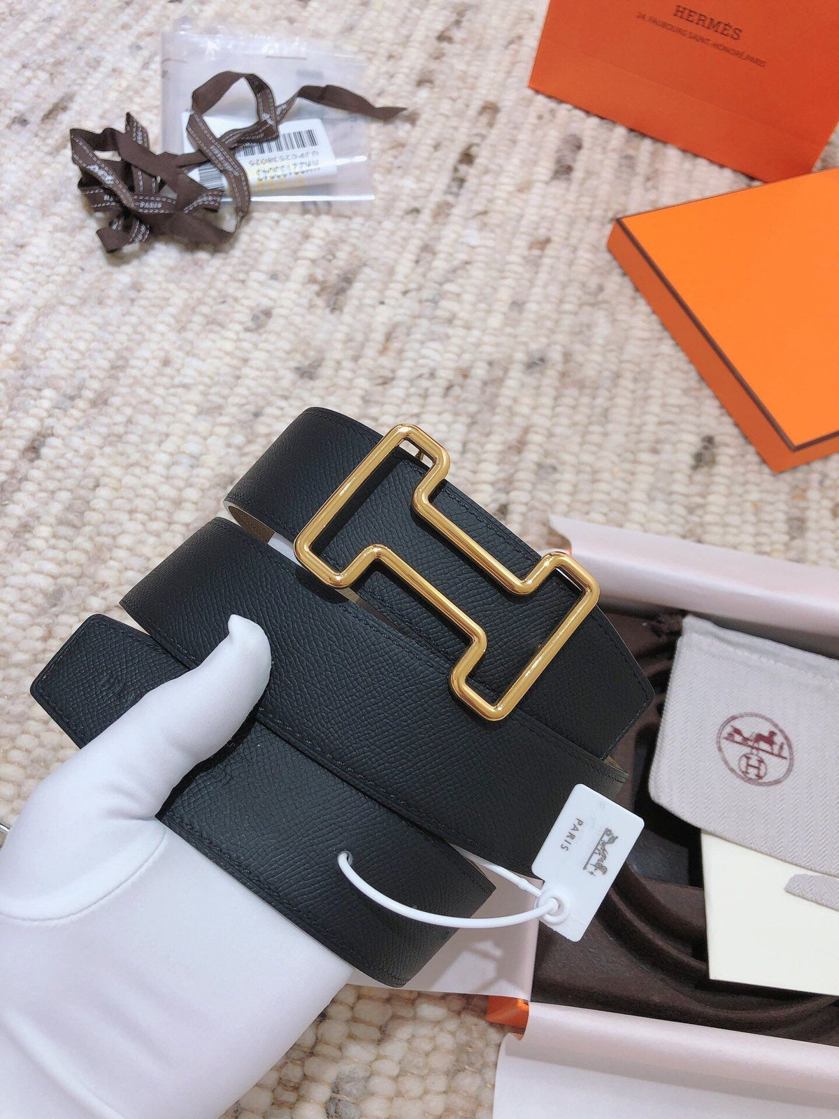 H TONIGHT BELT 38MM GOLD PRUSSIAN BLUE LEATHER