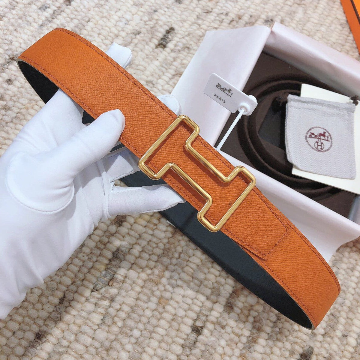H TONIGHT BELT 38MM ORANGE BLACK LEATHER