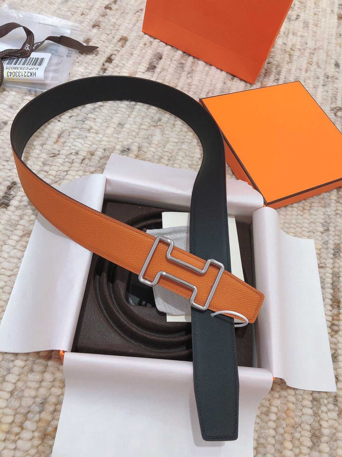 H TONIGHT BELT 38MM ORANGE BLACK LEATHER
