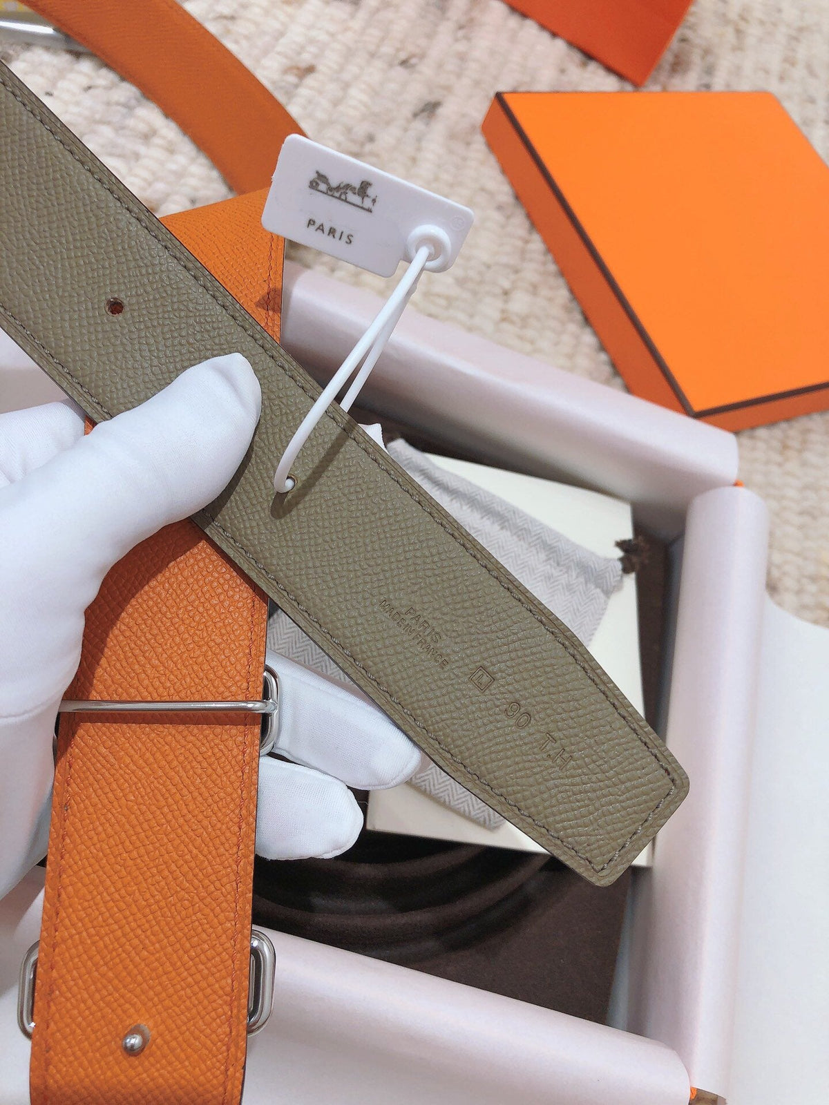 H TONIGHT BELT 38MM ORANGE GREEN GREY LEATHER