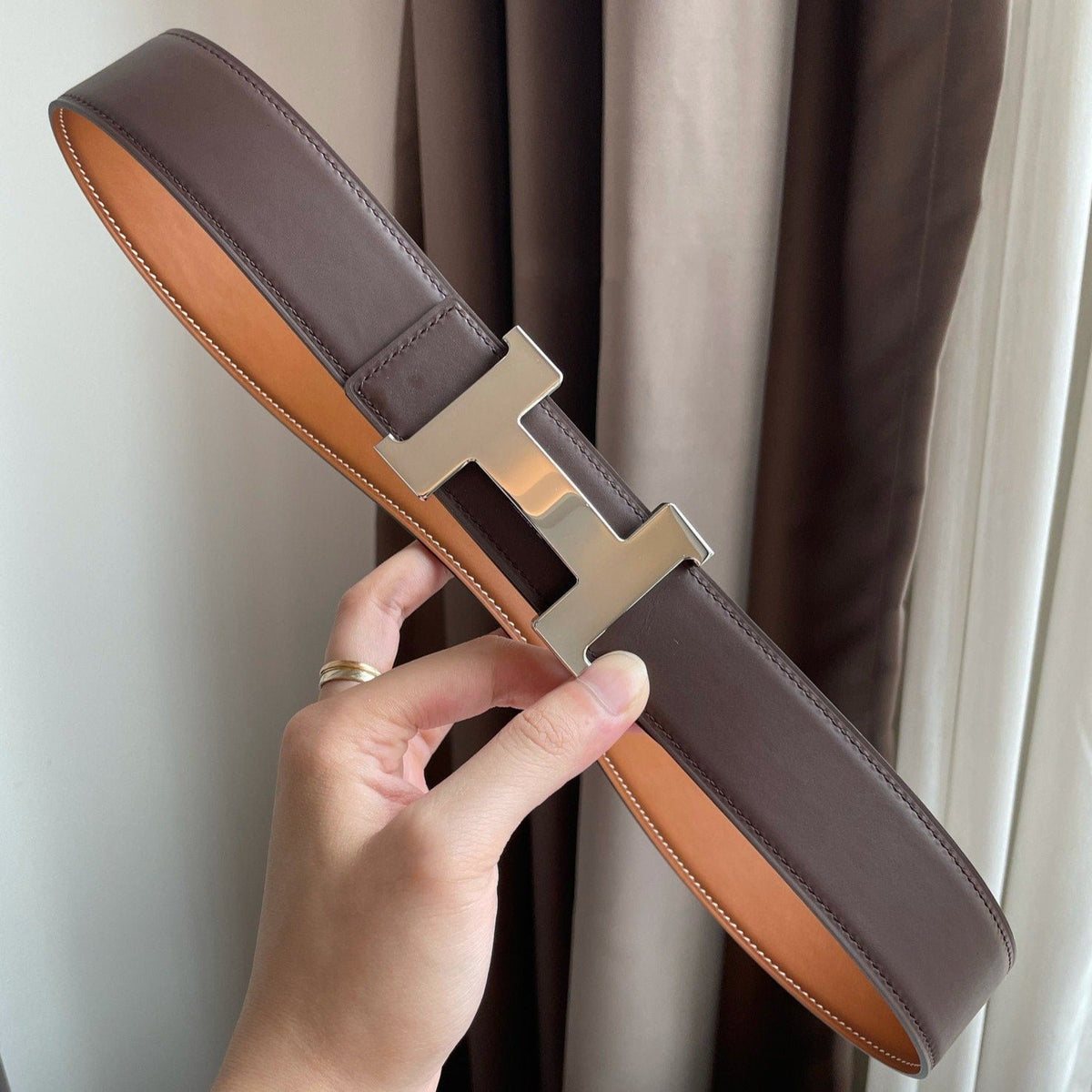 H CONSTANCE BELT 38MM SILVER BUCKLE BROWN CHOCOLATE LEATHER