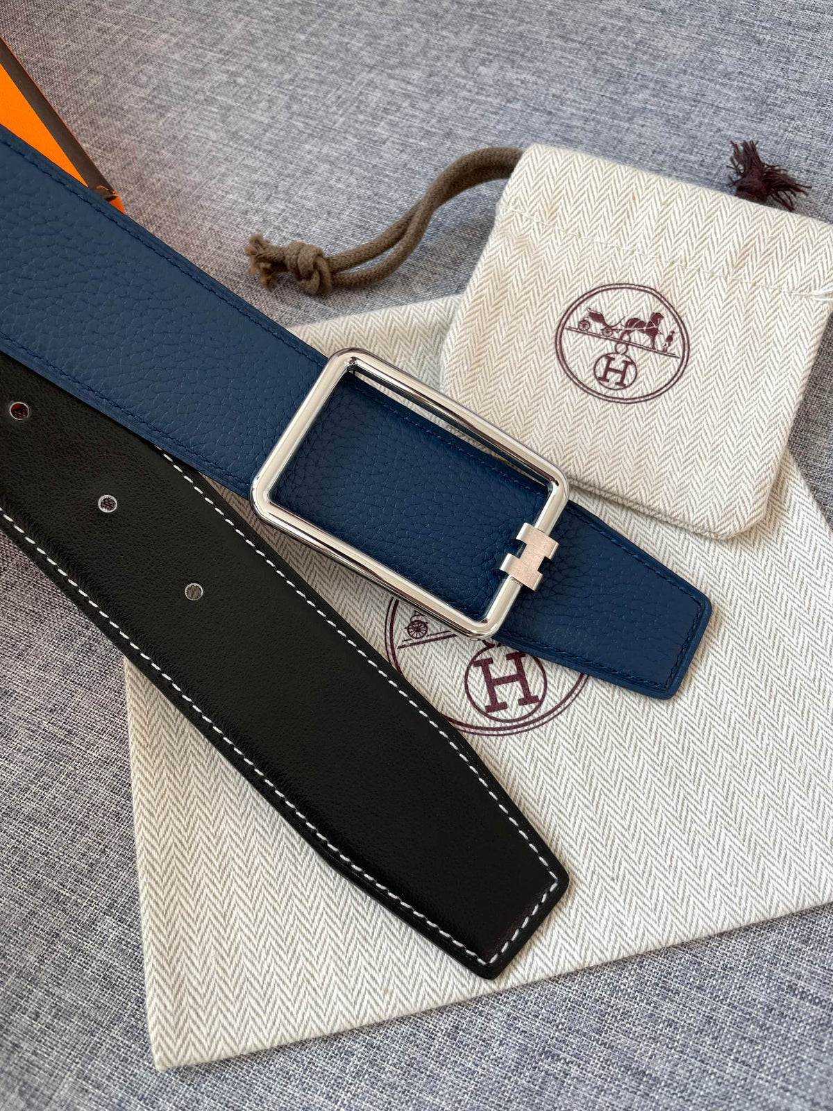 H TUBE BELT 38MM SILVER BUCKLE BLUE BLACK LEATHER
