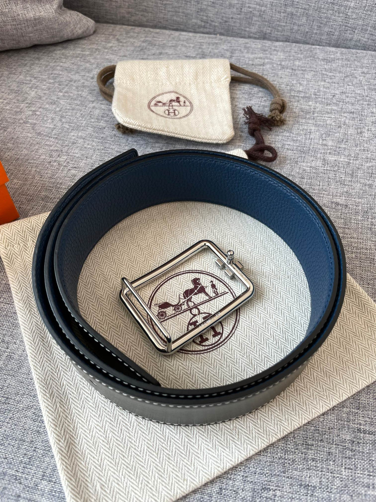 H TUBE BELT 38MM SILVER BUCKLE BLUE BLACK LEATHER