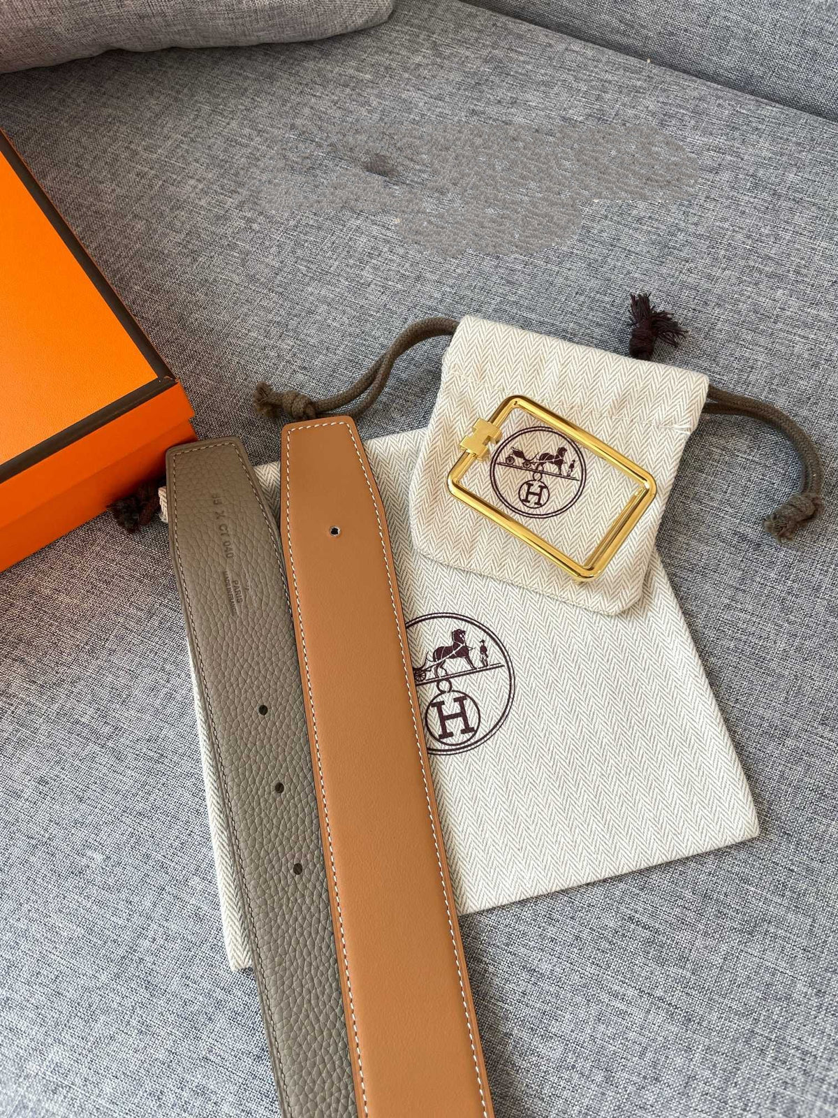 H TUBE BELT 38MM GOLD BUCKLE TIN GREY GOLD LEATHER