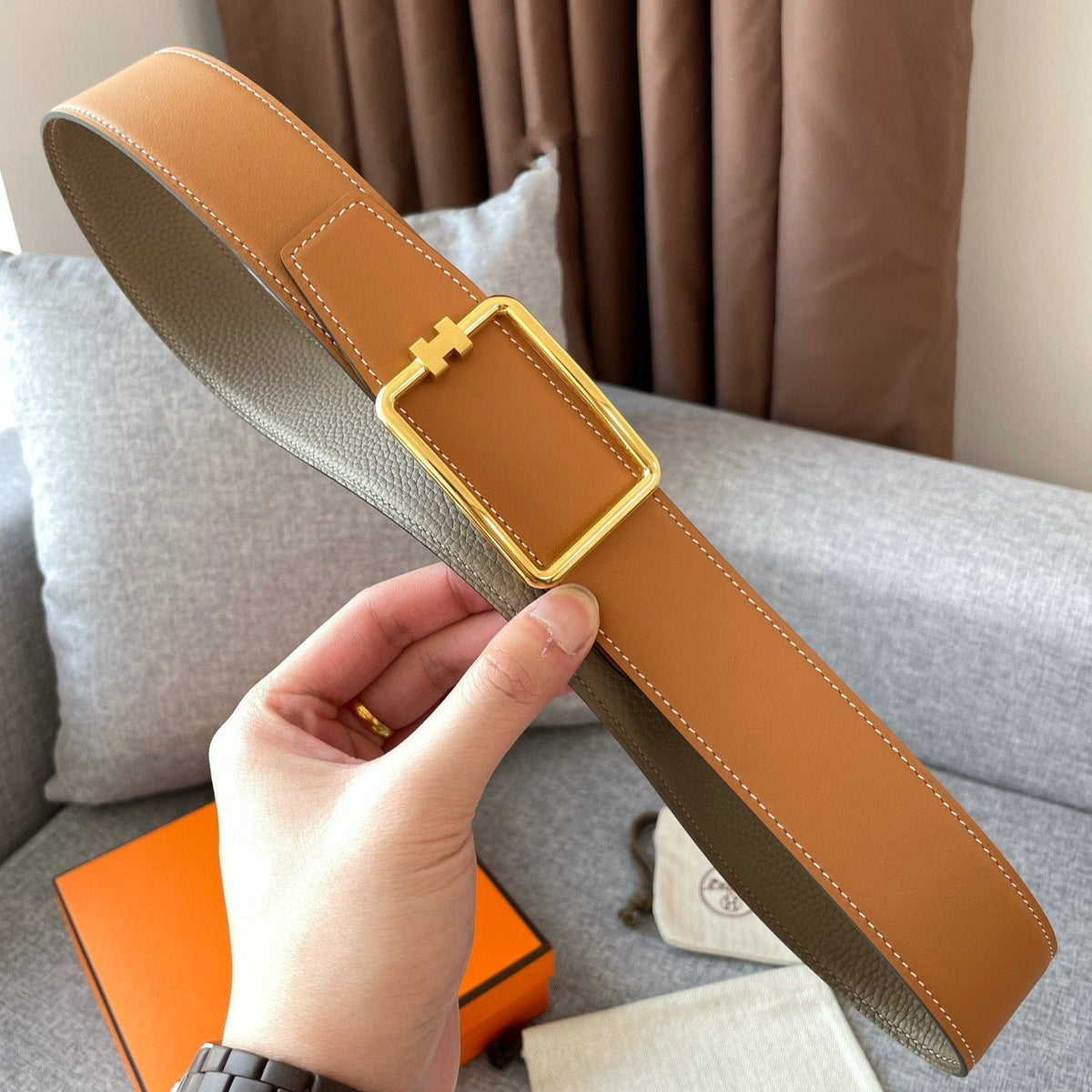 H TUBE BELT 38MM GOLD BUCKLE TIN GREY GOLD LEATHER