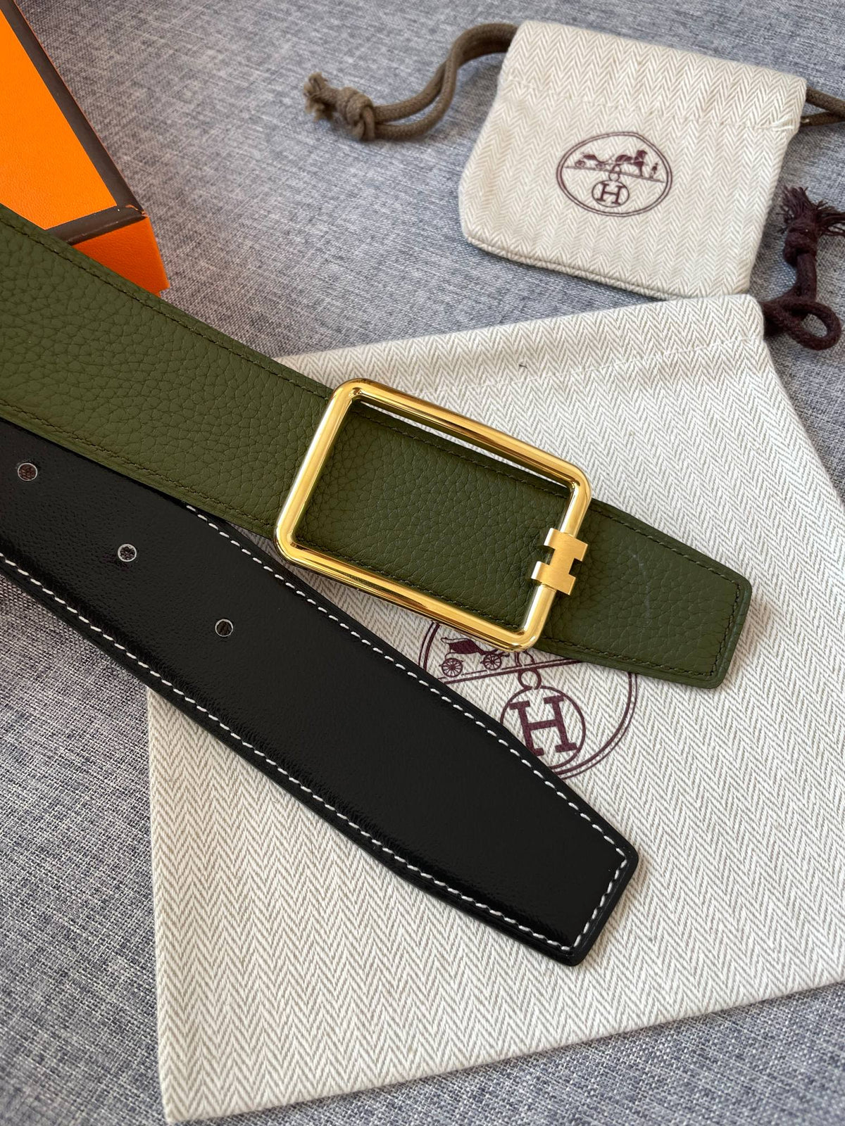 H TUBE BELT 38MM GOLD BUCKLE GREEN BLACK LEATHER