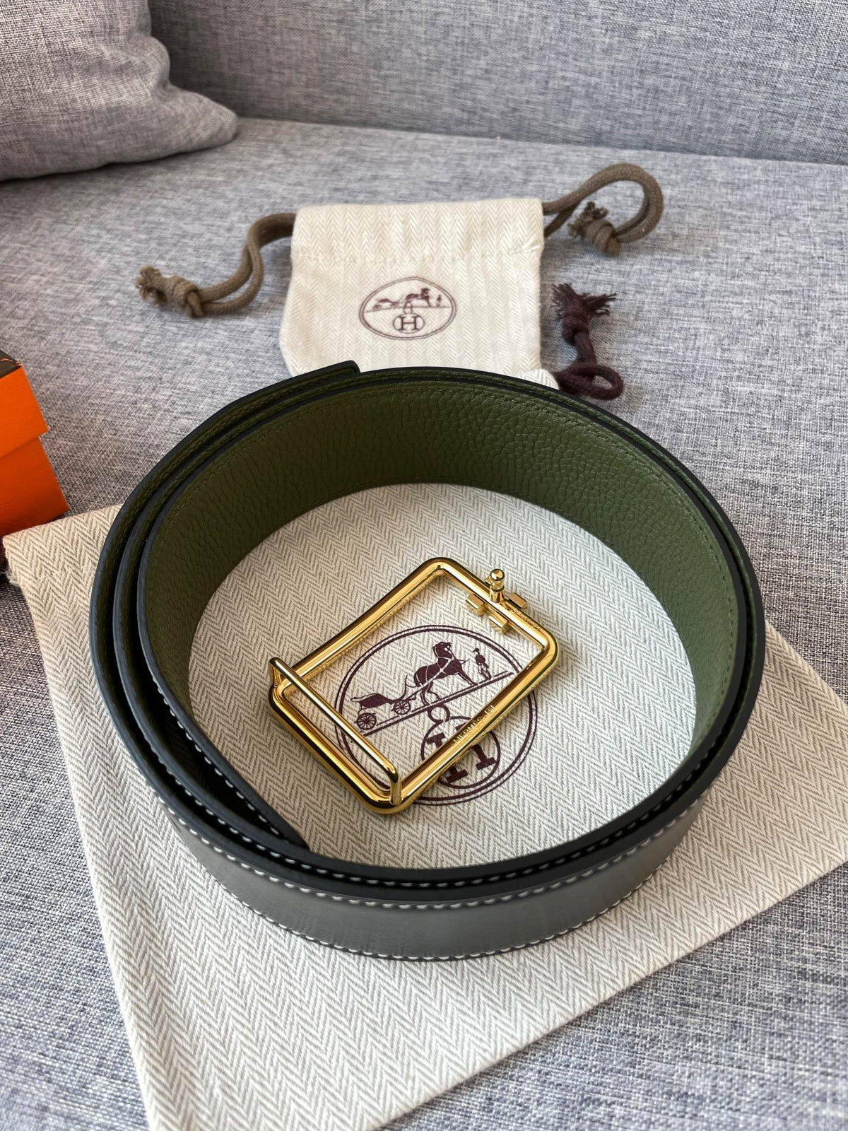 H TUBE BELT 38MM GOLD BUCKLE GREEN BLACK LEATHER