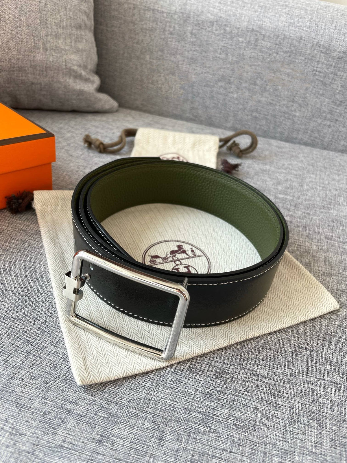 H TUBE BELT 38MM SILVER BUCKLE GREEN BLACK LEATHER