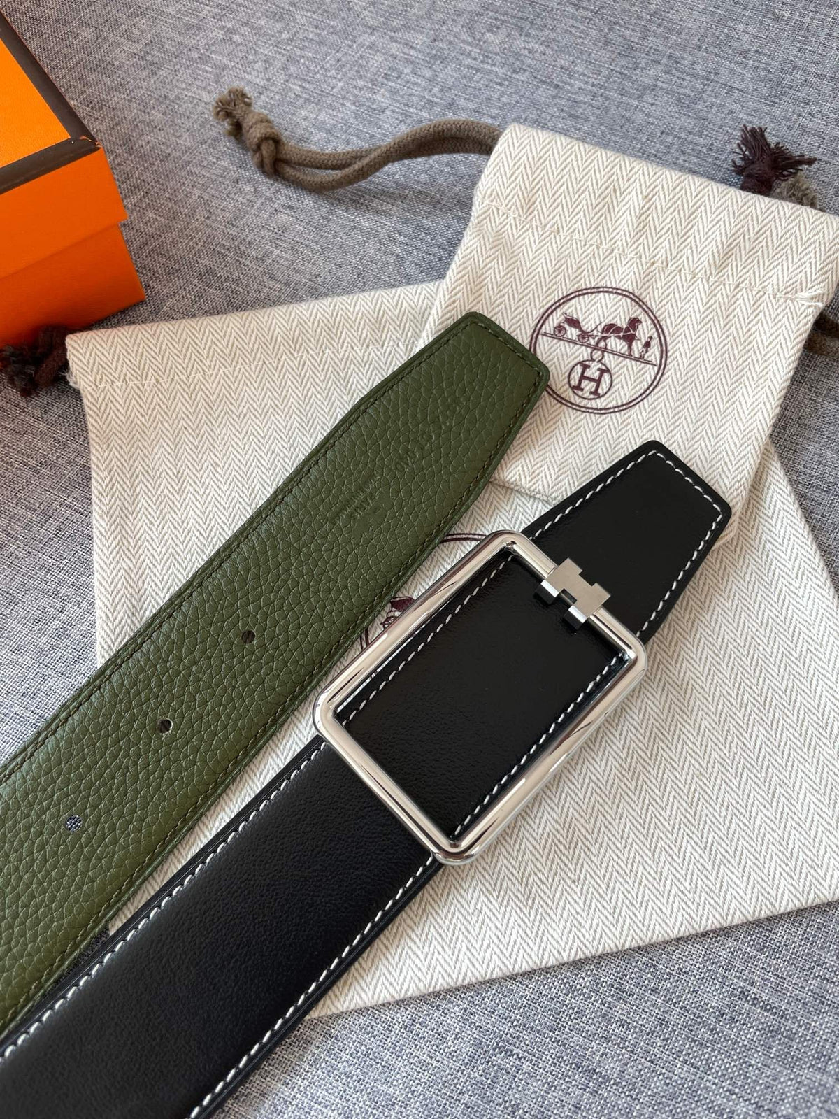 H TUBE BELT 38MM SILVER BUCKLE GREEN BLACK LEATHER
