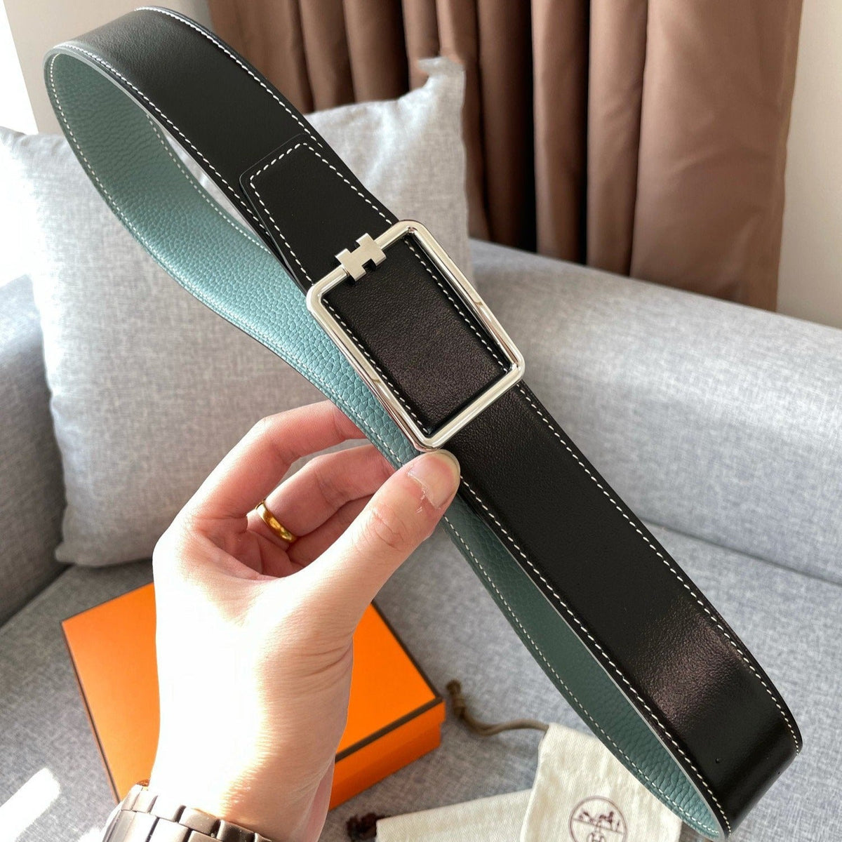 H TUBE BELT 38MM SILVER BUCKLE SKY BLUE BLACK LEATHER
