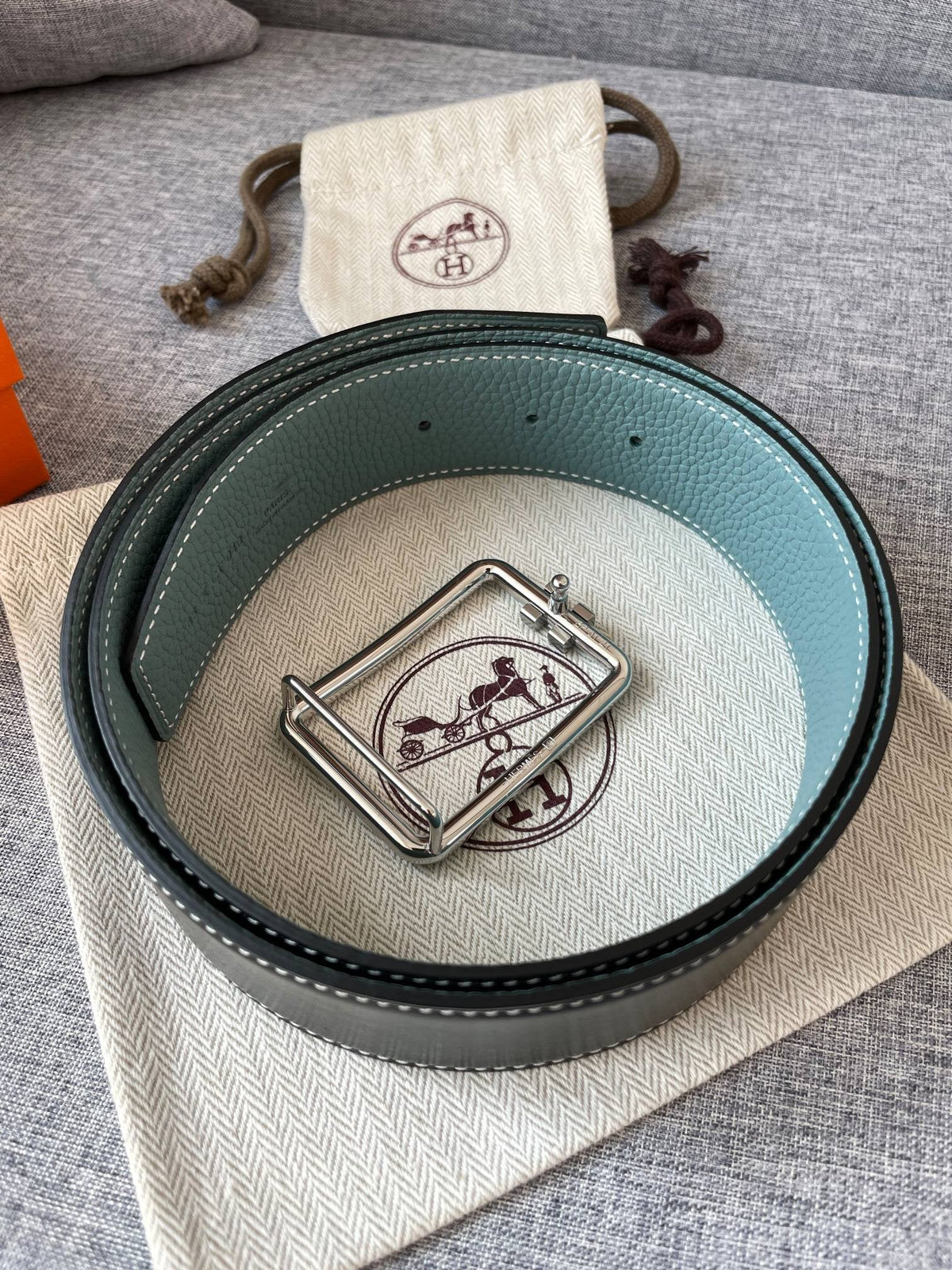 H TUBE BELT 38MM SILVER BUCKLE SKY BLUE BLACK LEATHER