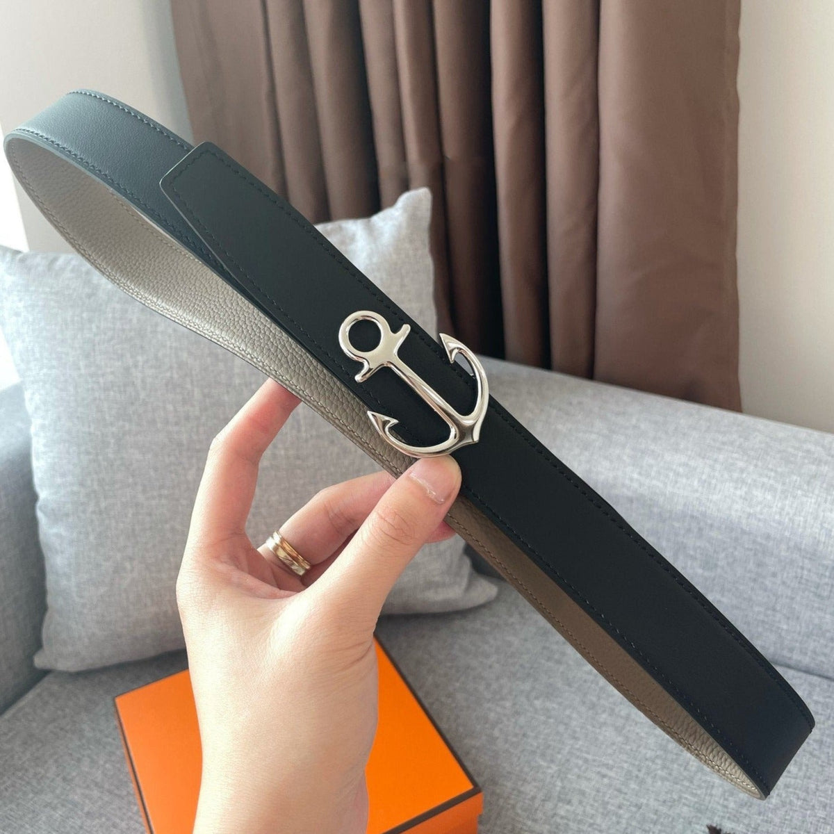 H CARGO BELT 32MM TIN GREY BLACK LEATHER