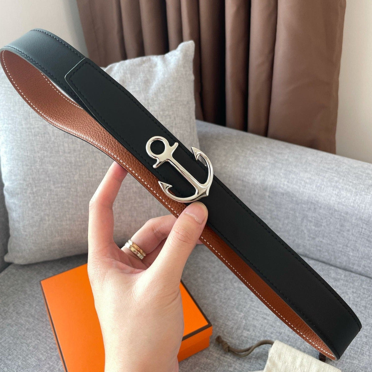 H CARGO BELT 32MM BROWN BLACK LEATHER