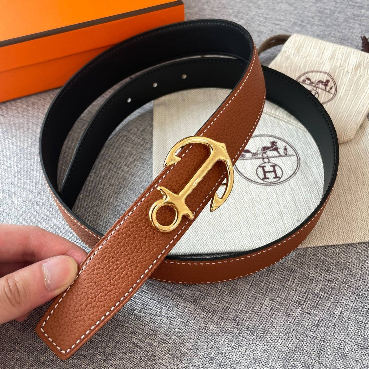 H CARGO BELT 32MM BROWN BLACK LEATHER