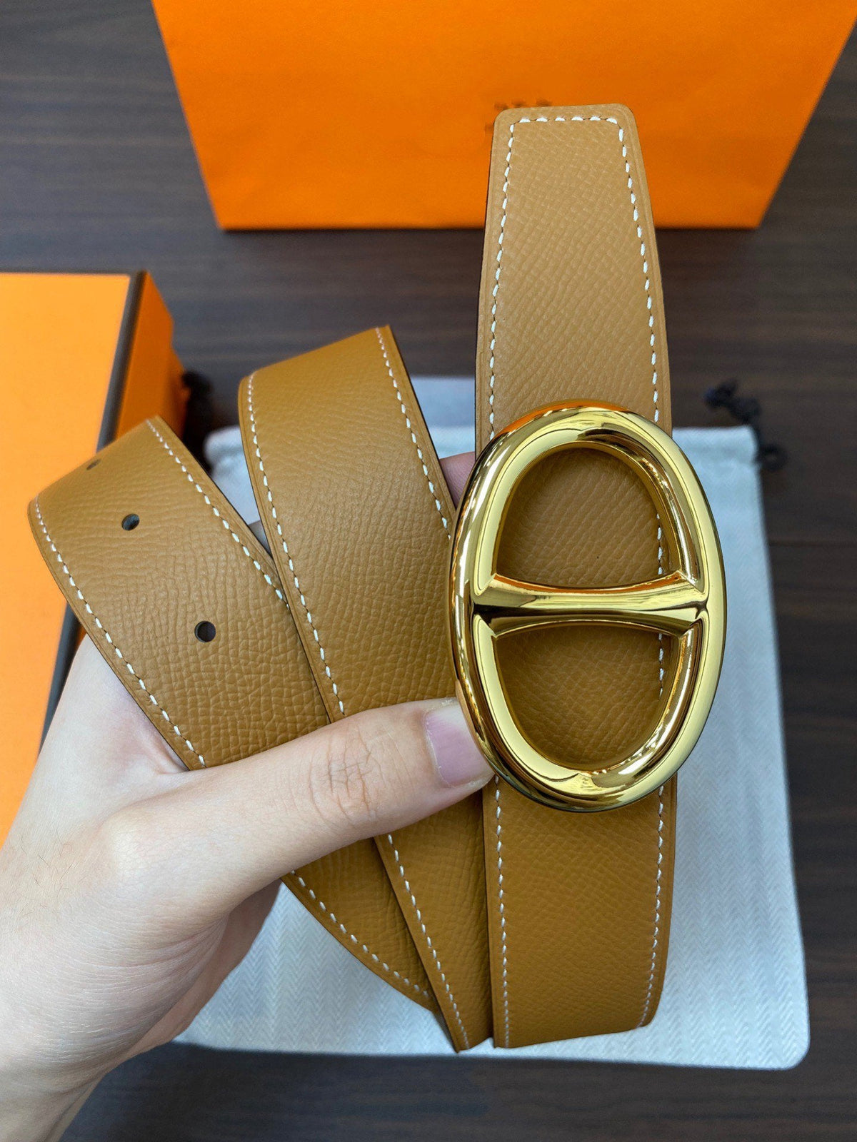 H TWIN REVERSIBLE BELT 32MM GOLD BUCKLE GREEN GREY GOLD LEATHER