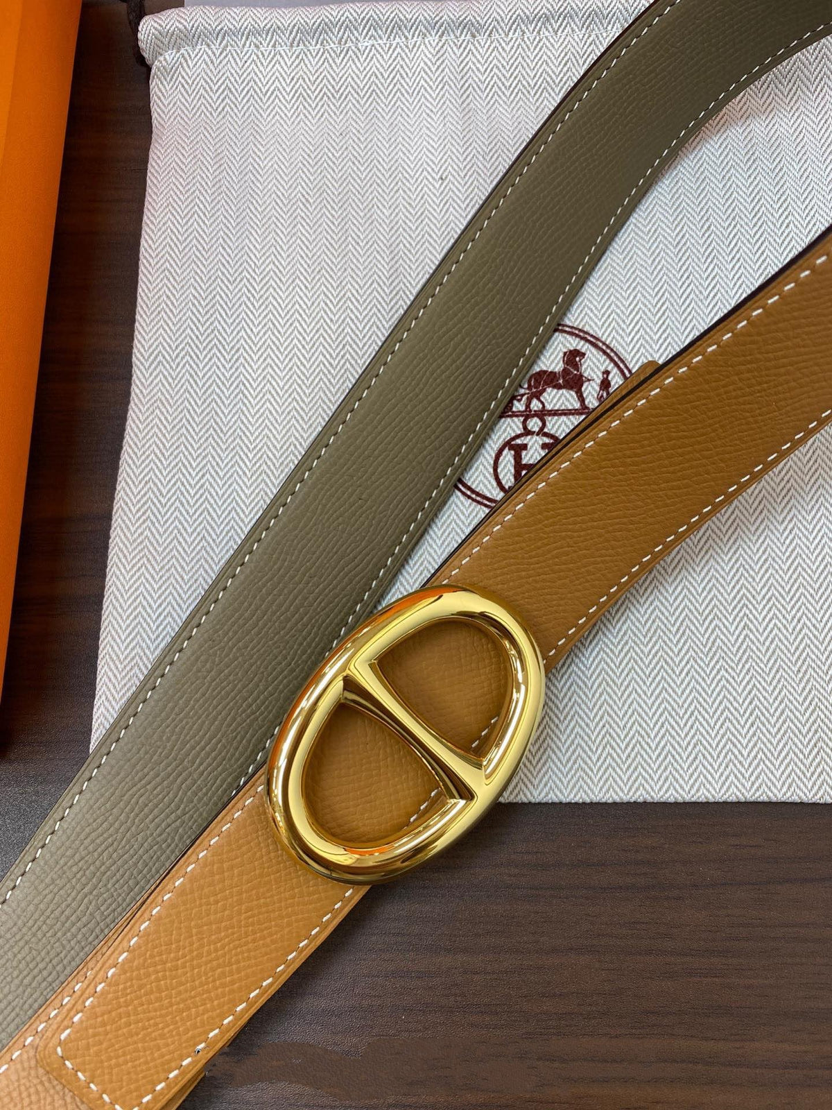 H TWIN REVERSIBLE BELT 32MM GOLD BUCKLE GREEN GREY GOLD LEATHER