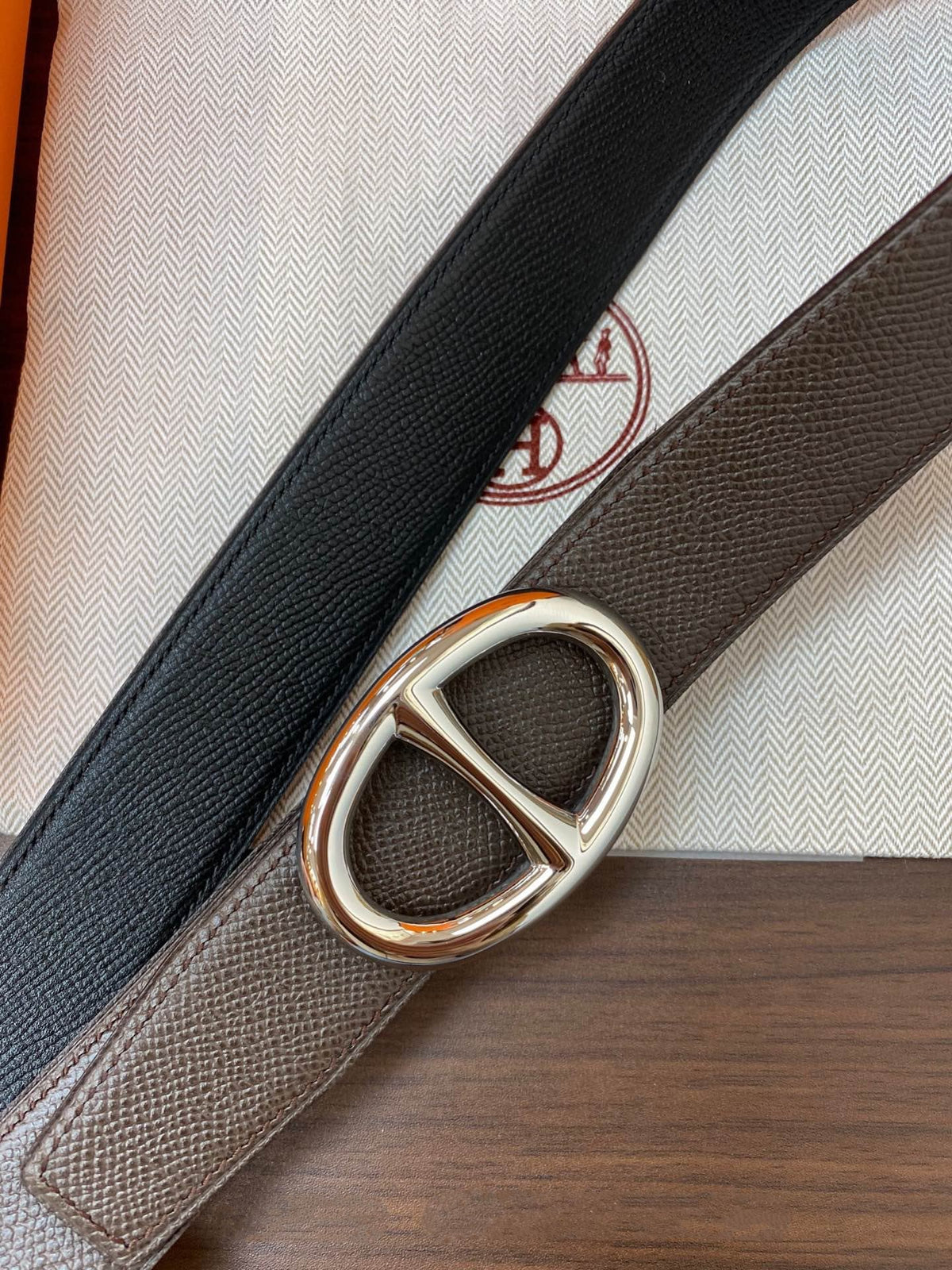 H TWIN REVERSIBLE BELT 32MM SILVER BUCKLE CHOCOLATE DARK BLUE LEATHER
