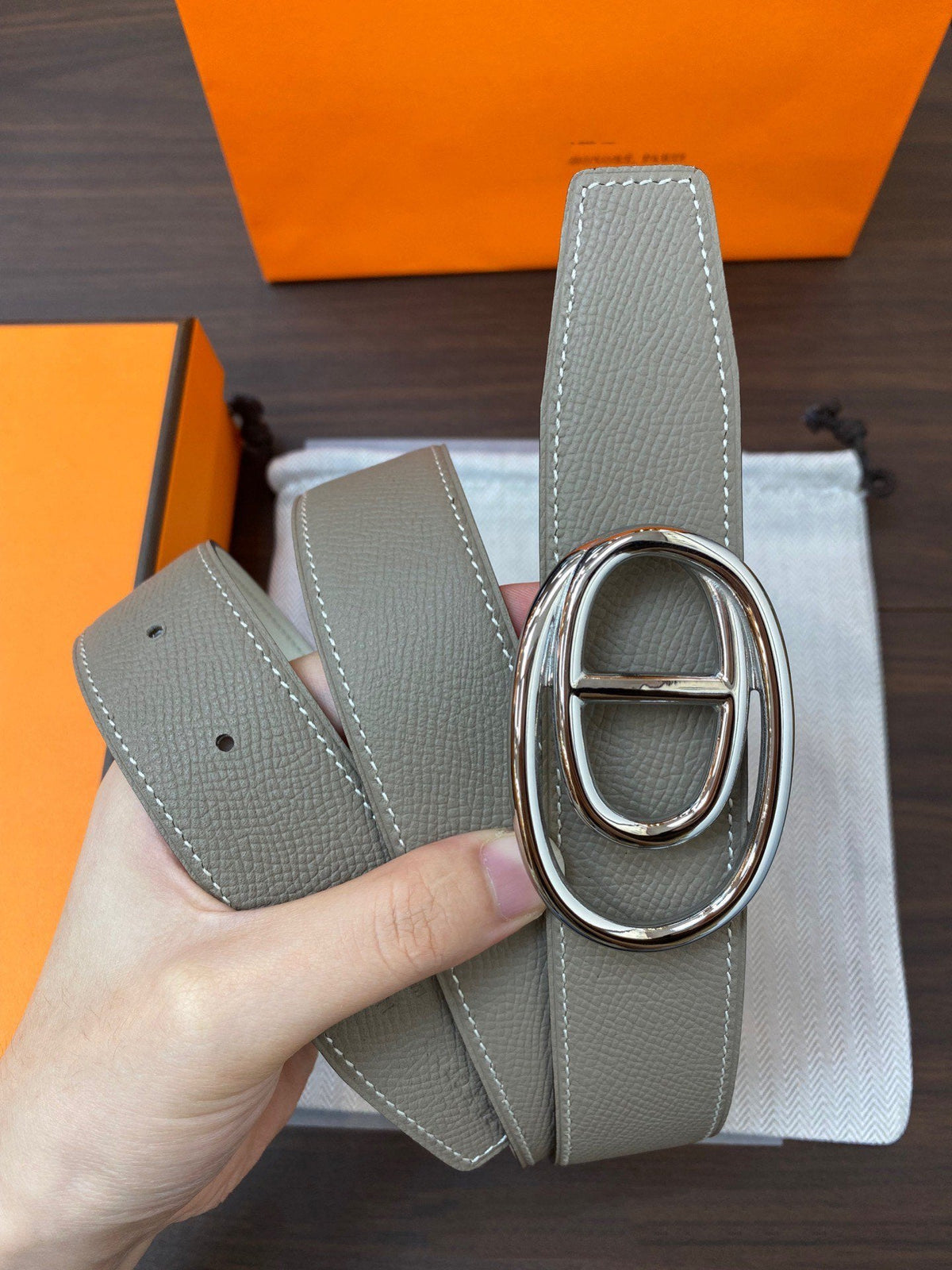 H ODYSSEE RIVERSIBLE BELT 32MM SILVER BUCKLE WHITE GREY LEATHER