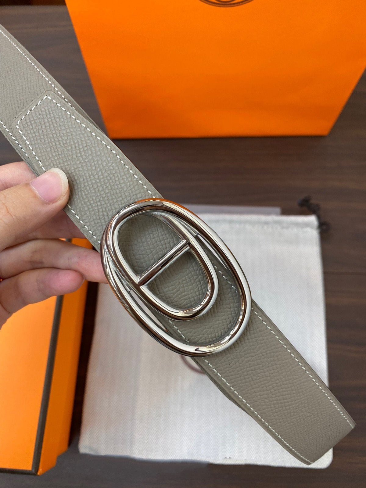 H ODYSSEE RIVERSIBLE BELT 32MM SILVER BUCKLE WHITE GREY LEATHER