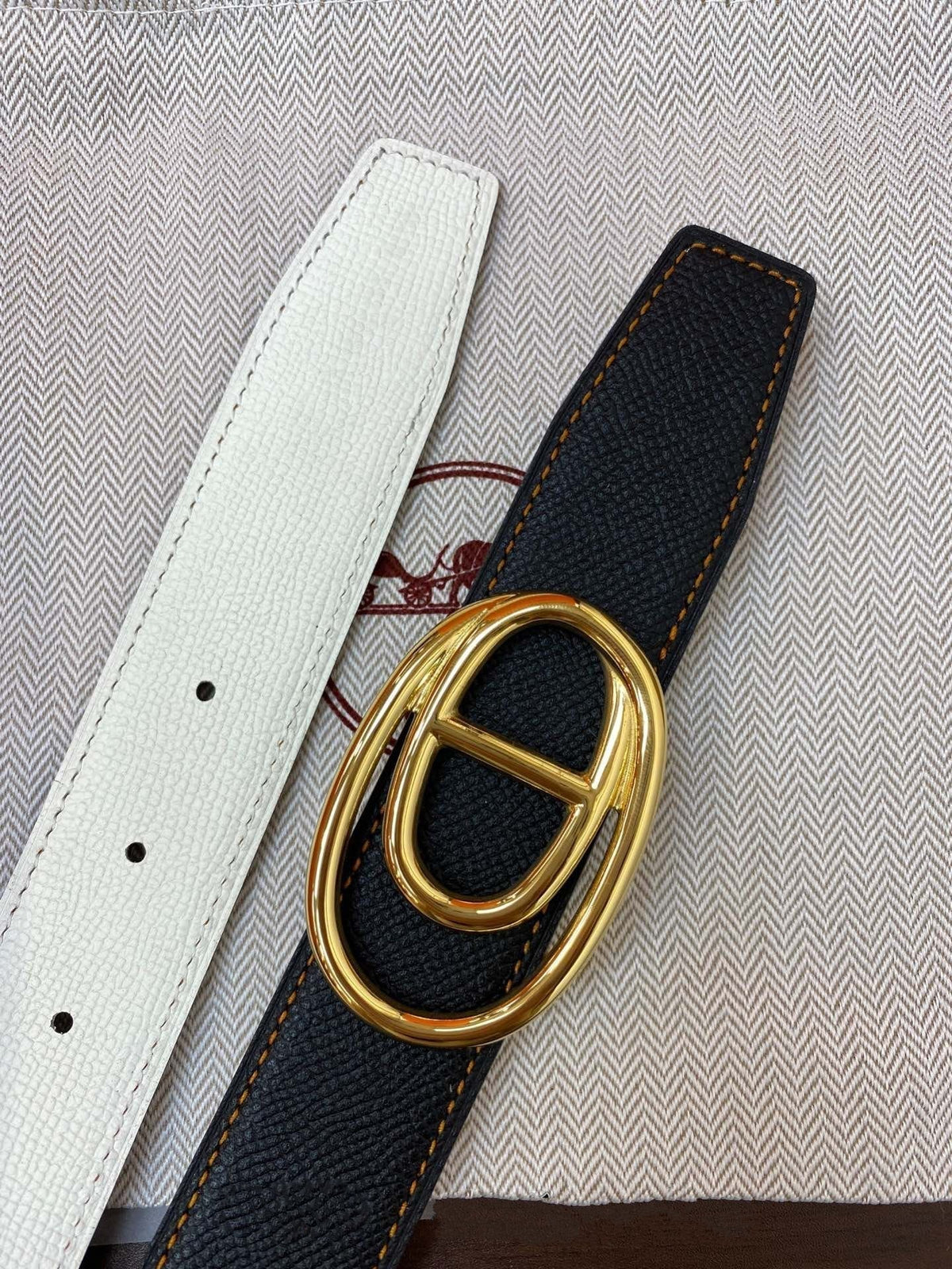 H ODYSSEE RIVERSIBLE BELT 32MM GOLD BUCKLE WHITE BLACK LEATHER
