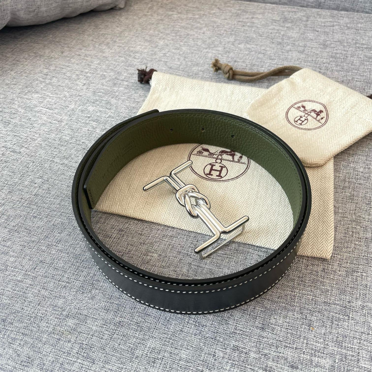H MARIN REVERSIBLE BELT 32MM SILVER BUCKLE BLACK DARK GREEN LEATHER