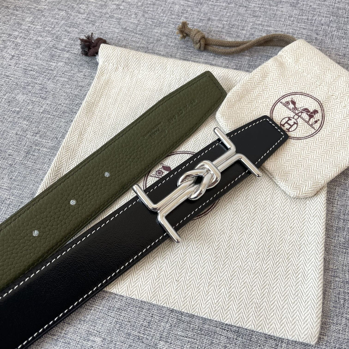 H MARIN REVERSIBLE BELT 32MM SILVER BUCKLE BLACK DARK GREEN LEATHER