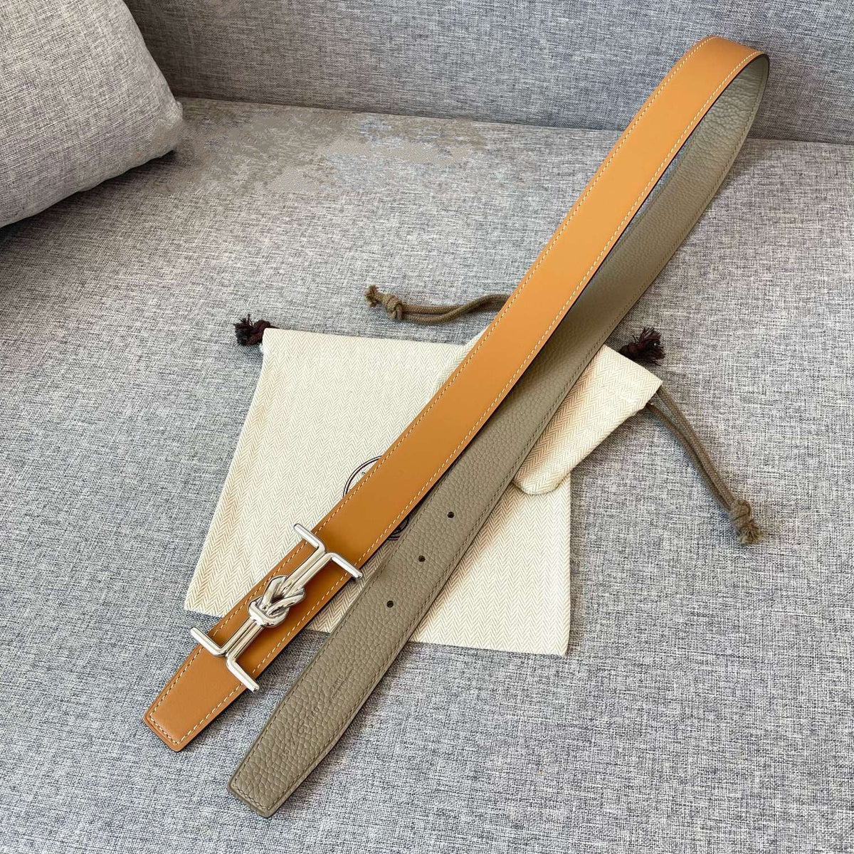 H MARIN REVERSIBLE BELT 32MM SILVER BUCKLE GOLD TIN GREY LEATHER